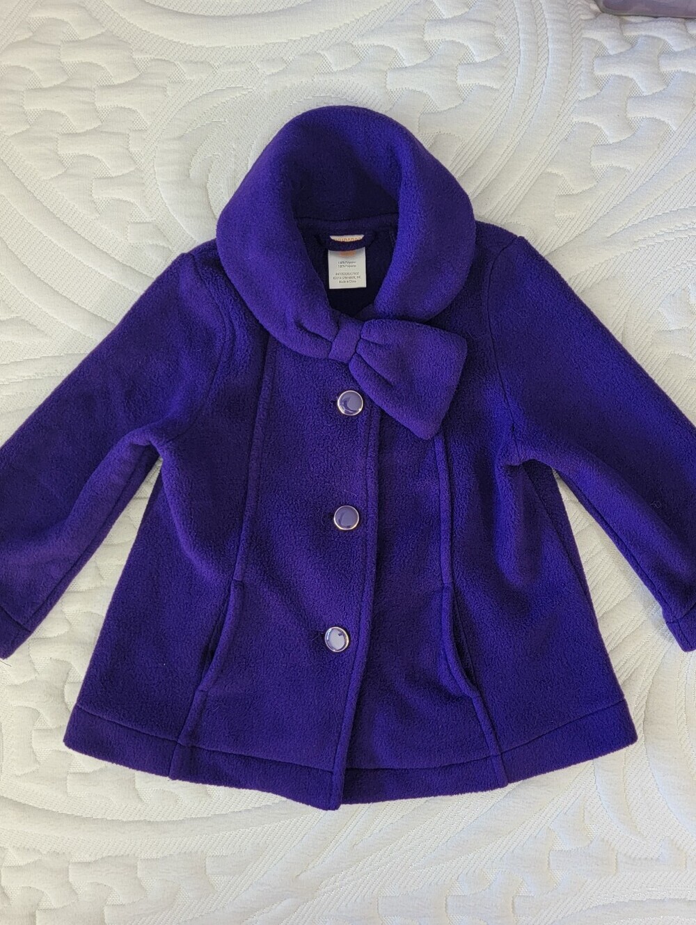Gymboree Purple Fleece Pea Coat Bow Collar Buttons 12-24 Months Baby Toddler